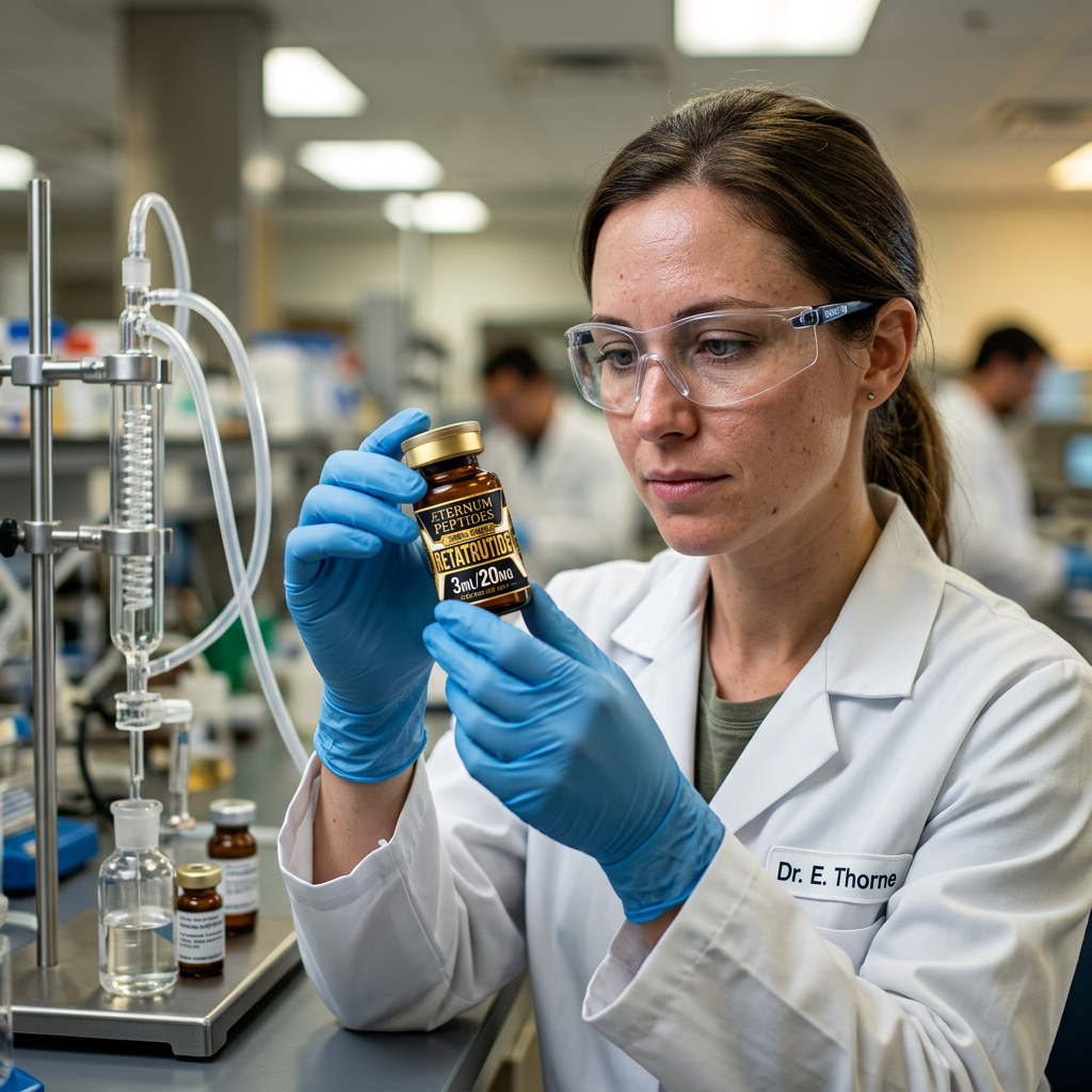 Laboratory researcher examining an ÆTERNUM PEPTIDES research vial at the bench