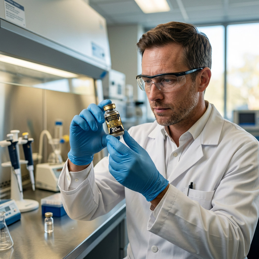 Laboratory scientist inspecting a research peptide vial under controlled conditions